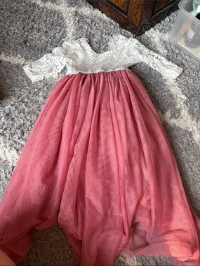 White Lace & Pink Tulle Formal Dress for Girls - 4T